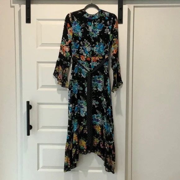 Rixo London silk maxi dress, black with multi-colored print. Size small.